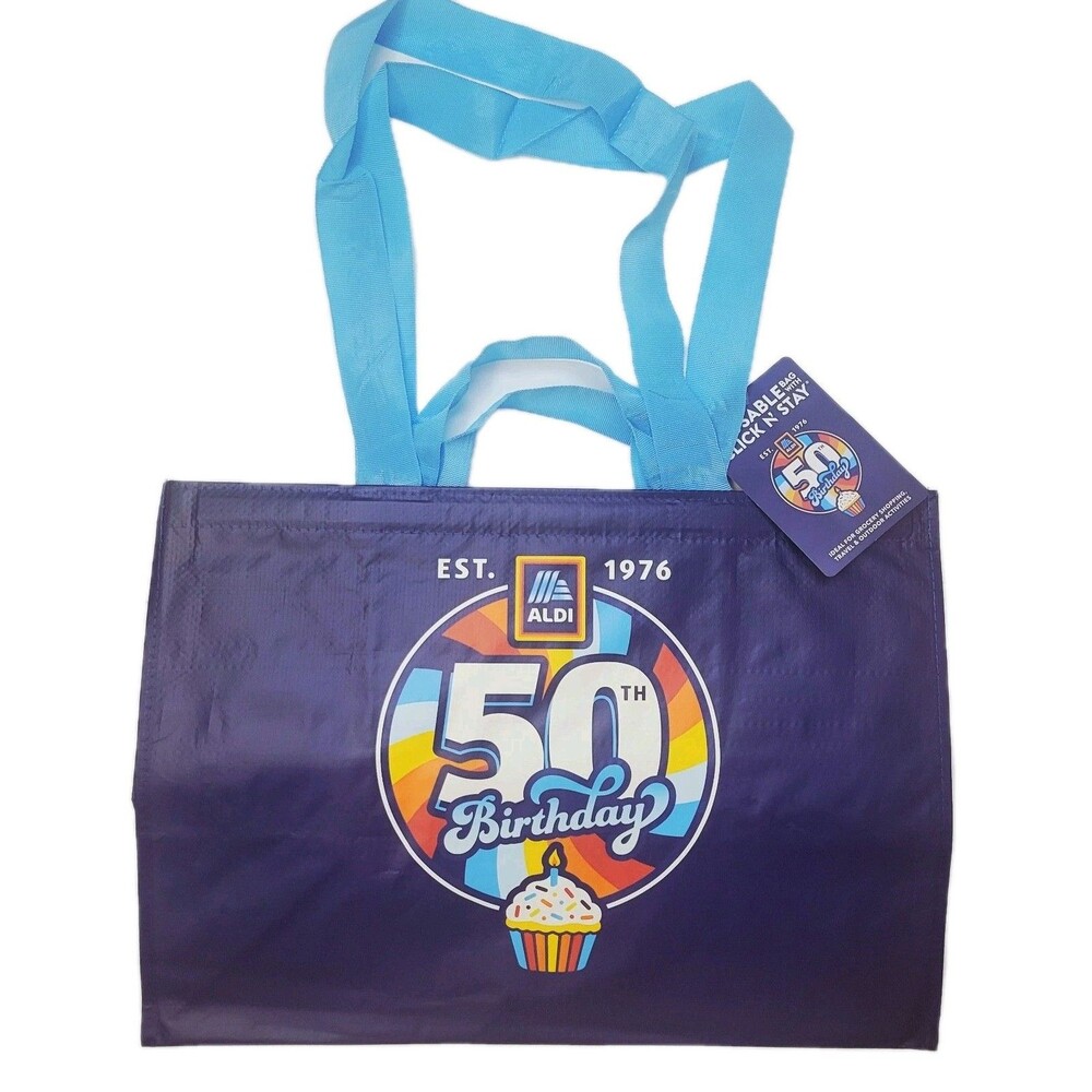 ALDI 50th Anniversary Reusable Tote Bag Click N Stay Limited Edition Blue NWT